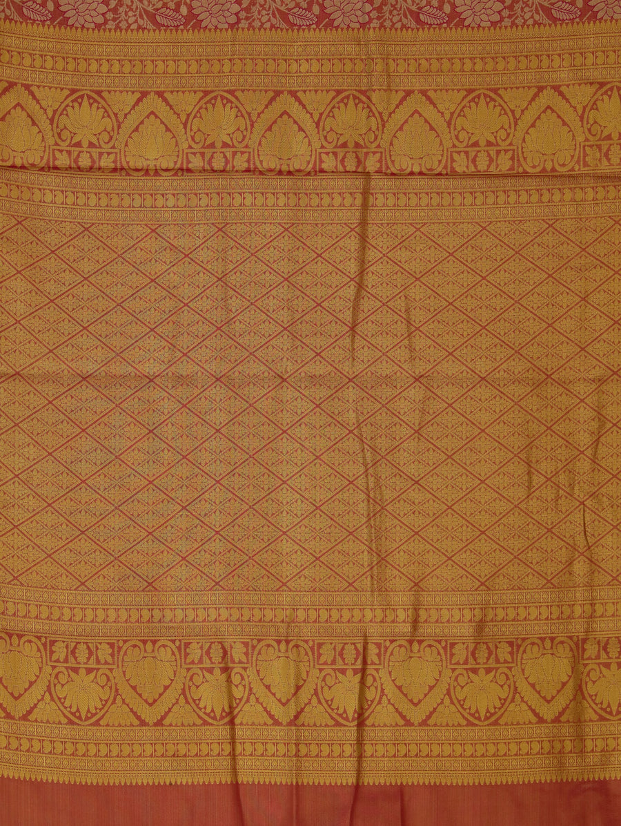 Sunset Coral Kanchipuram Inspired Semi Silk Saree with Medium Medium Contrast Border