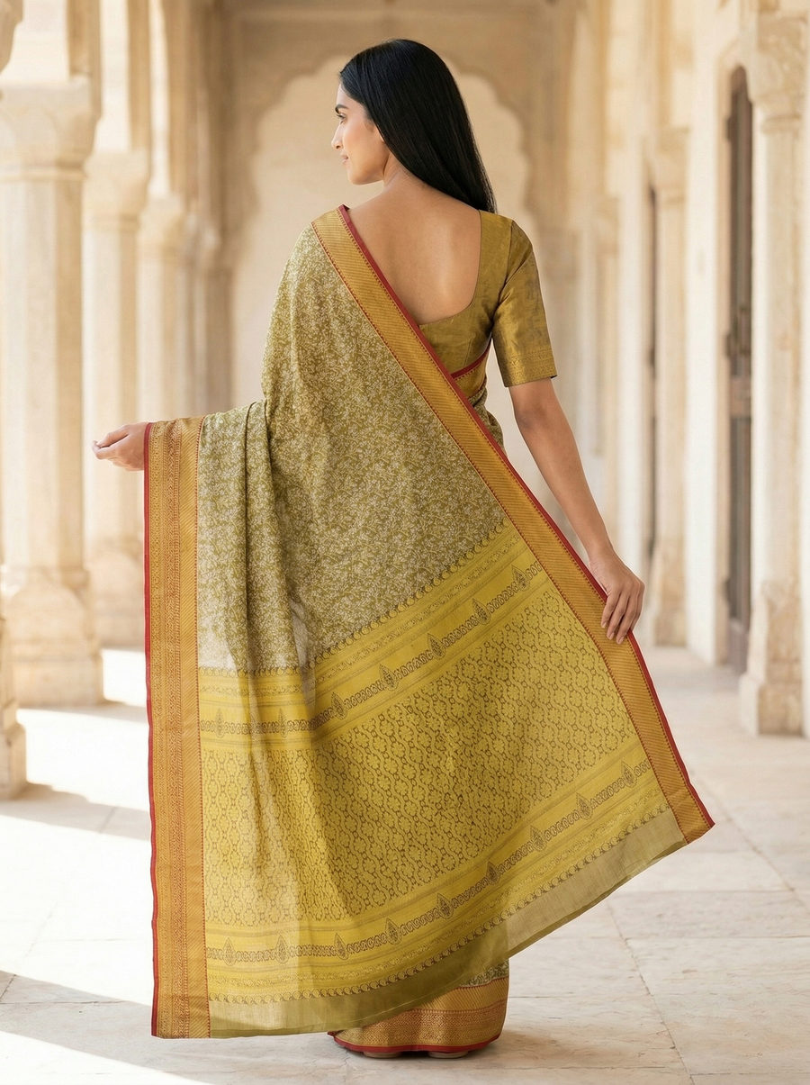 Olive Green Uppada Inspired Semi Silk Saree with Medium Medium Contrast Border