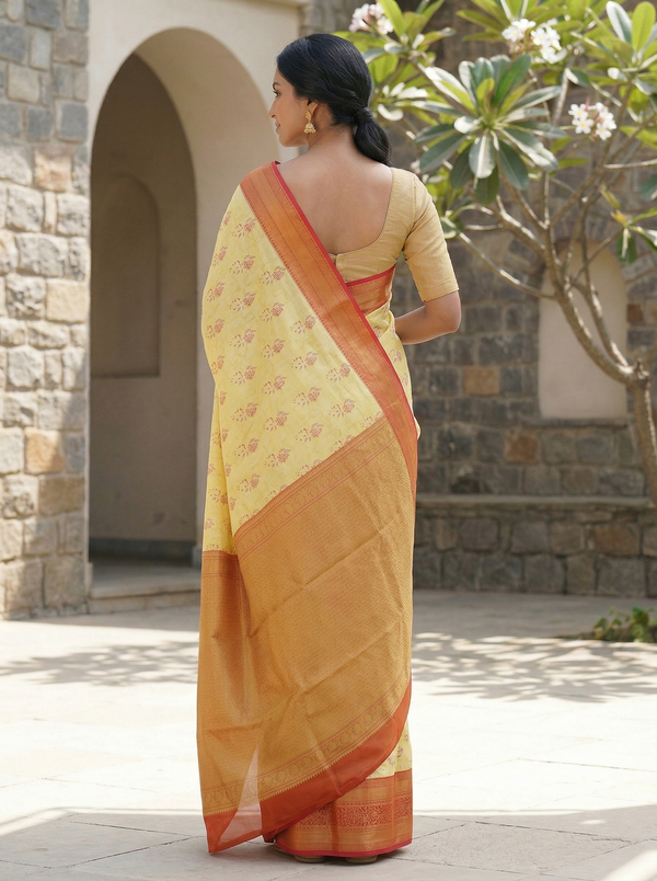 Sunshine Yellow Gadwal Inspired Semi Silk Saree with Wide Wide Contrast Border