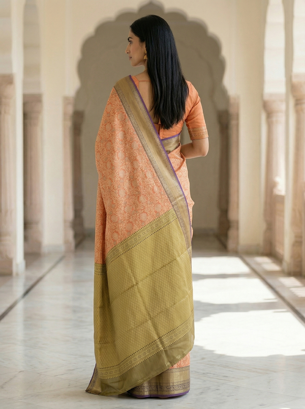 Coral Peach Dharmavaram Inspired Semi Silk Saree with Wide Wide Contrast Border