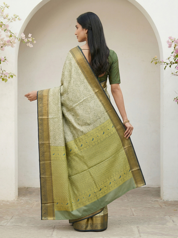 Sage Green Dharmavaram Inspired Semi Silk Saree with Wide Wide Contrast Border