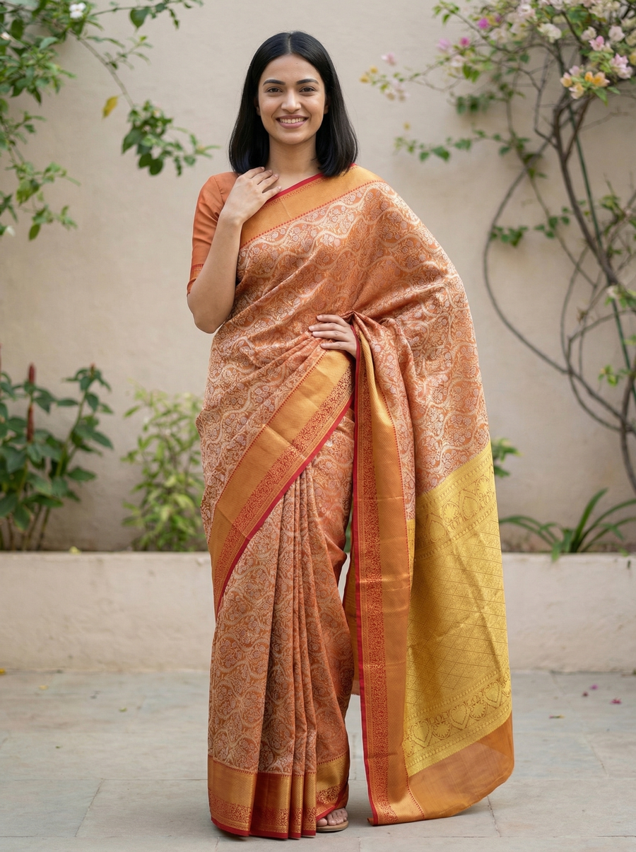 Burnt Orange Kanchipuram Inspired Semi Silk Saree with Medium Medium Contrast Border