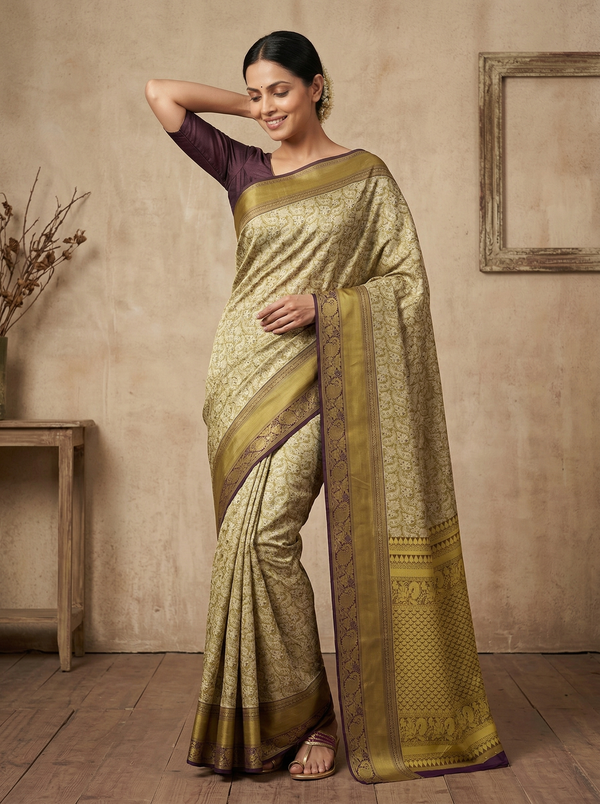 Champagne Gold Kanchipuram Inspired Semi Silk Saree with Medium Medium Contrast Border