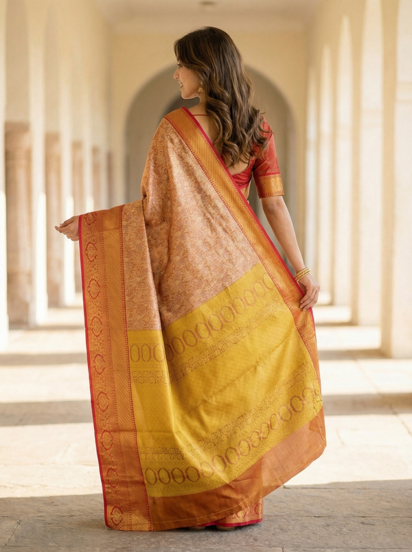 Burnt Orange Dharmavaram Inspired Semi Silk Saree with Medium Medium Contrast Border