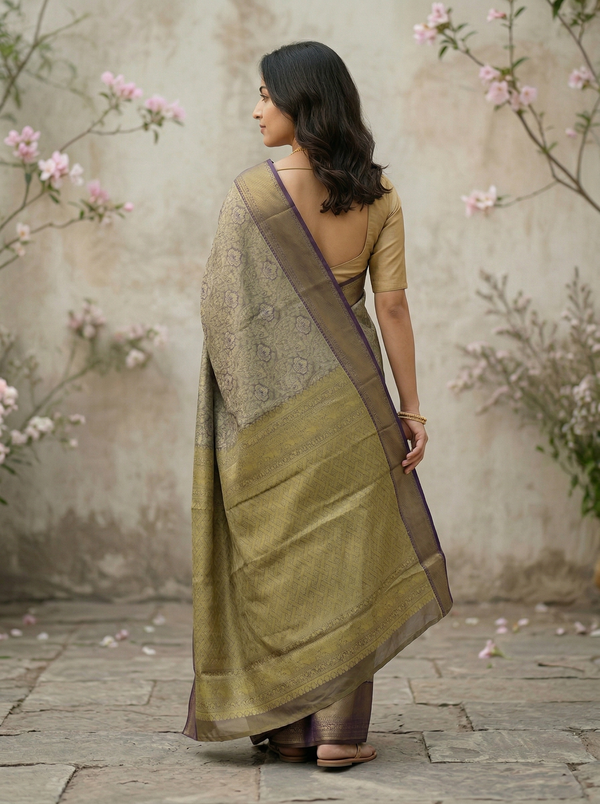 Champagne Gold Kanchipuram Inspired Semi Silk Saree with Wide Wide Contrast Border