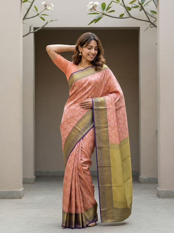 Dusty Rose Kanchipuram Inspired Semi Silk Saree with Wide Wide Contrast Border