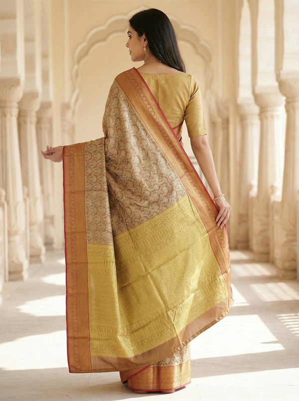 Champagne Gold Kanchipuram Inspired Semi Silk Saree with Wide Wide Contrast Border