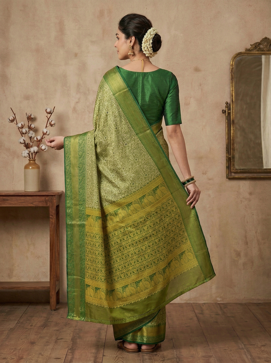 Fern Green Dharmavaram Inspired Semi Silk Saree with Wide Wide Contrast Border