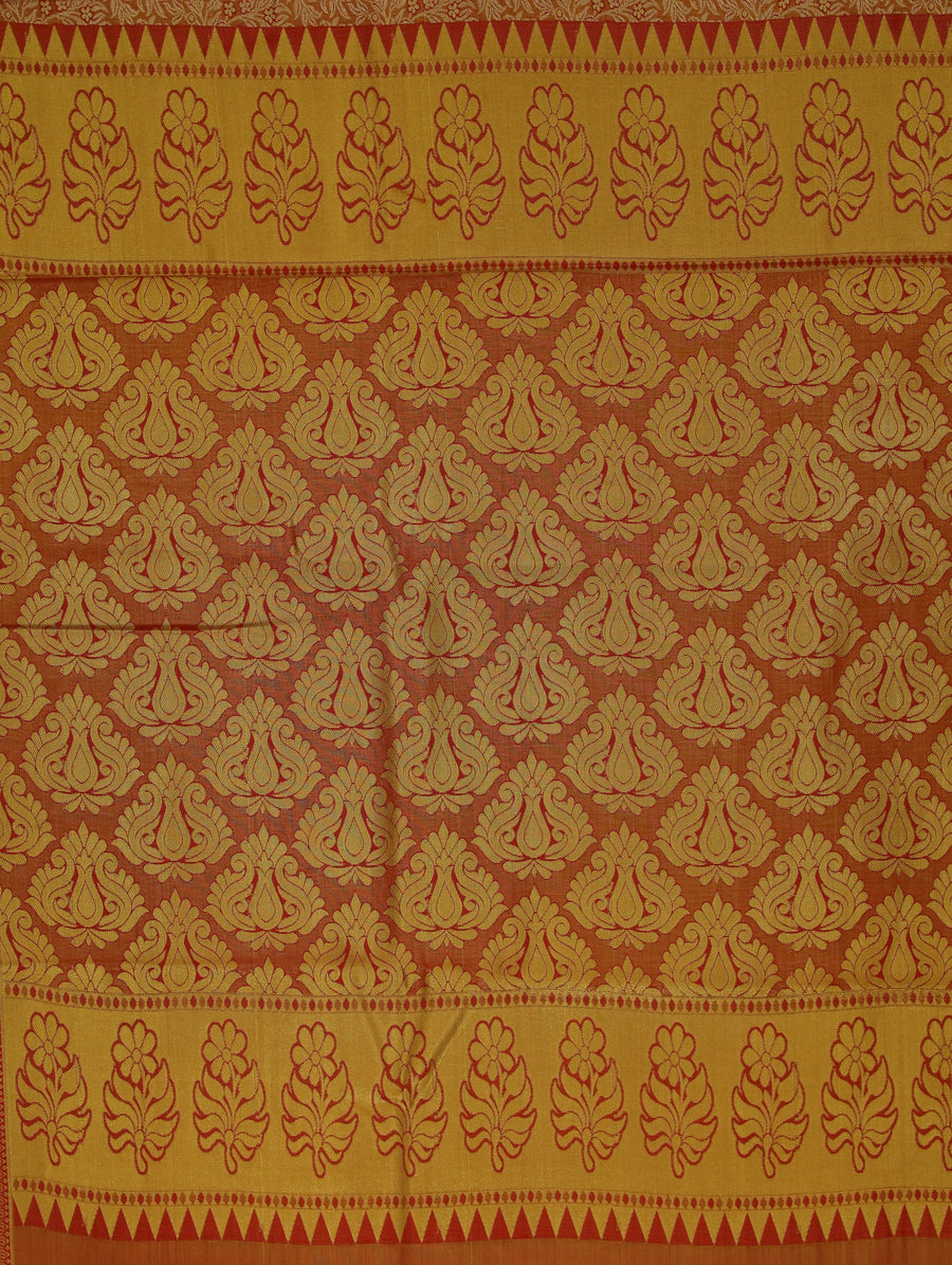 Sunset Orange Kanchipuram Inspired Semi Silk Saree with Medium Medium Contrast Border