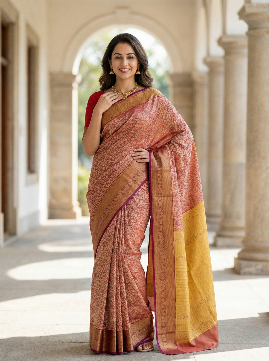 Champagne Gold Dharmavaram Inspired Semi Silk Saree with Wide Wide Contrast Border