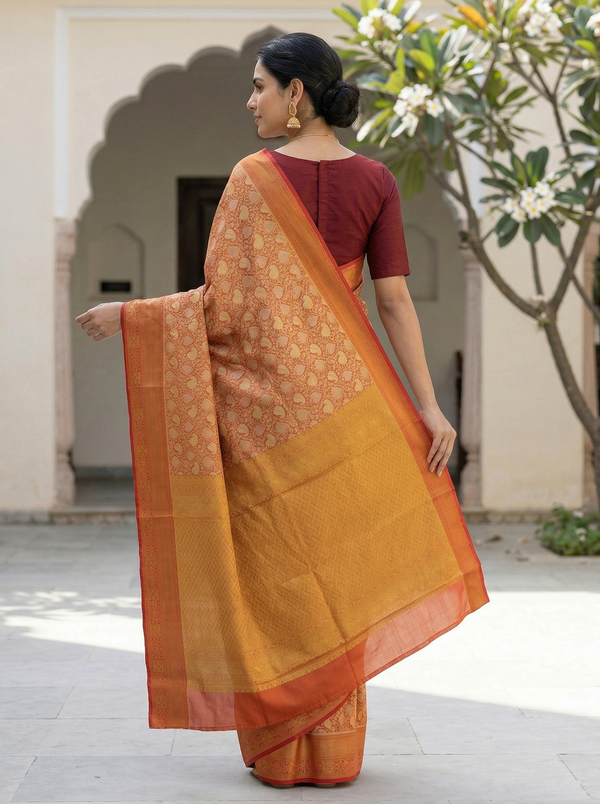 Burnt Orange Dharmavaram Inspired Semi Silk Saree with Medium Medium Contrast Border