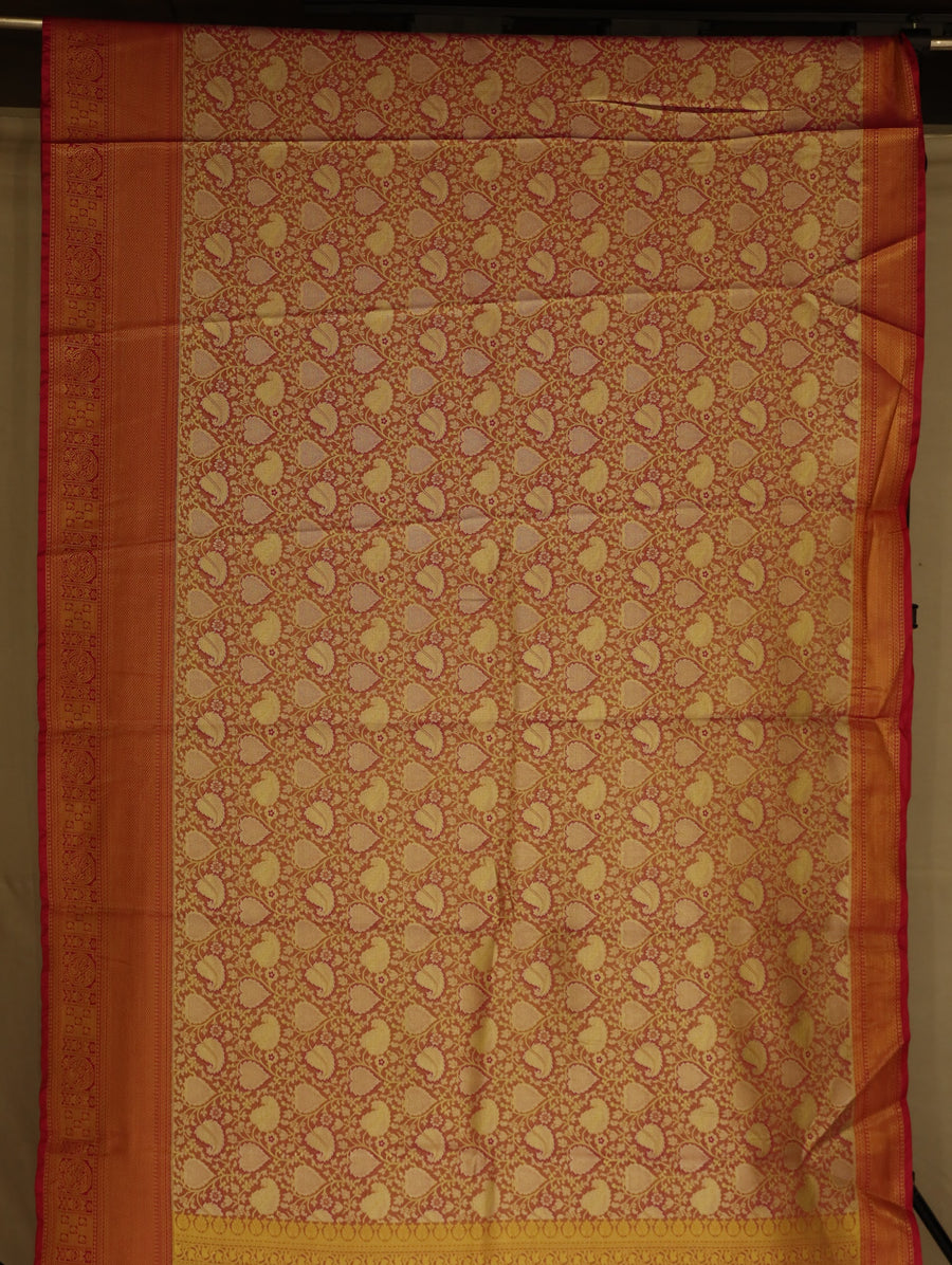 Gold and Russet Red Dharmavaram Inspired Semi Silk Saree with Medium Medium Contrast Border