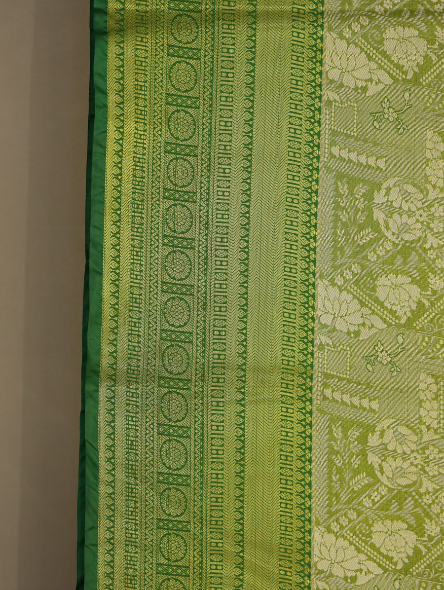 Lime Green Kanchipuram Inspired Semi Silk Saree with Wide Wide Contrast Border