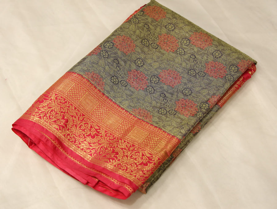 Sage Green Kanchipuram Inspired Semi Silk Saree with Wide Wide Contrast Border