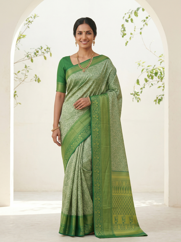Sage Green Uppada Inspired Semi Silk Saree with Wide Wide Contrast Border