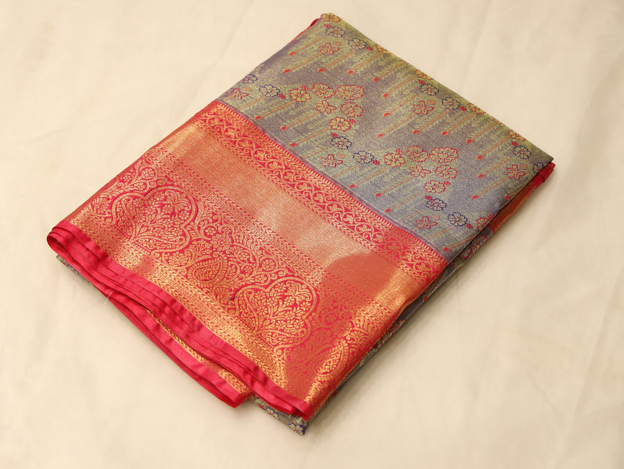 Olive Gray Dharmavaram Inspired Semi Silk Saree with Wide Wide Contrast Border