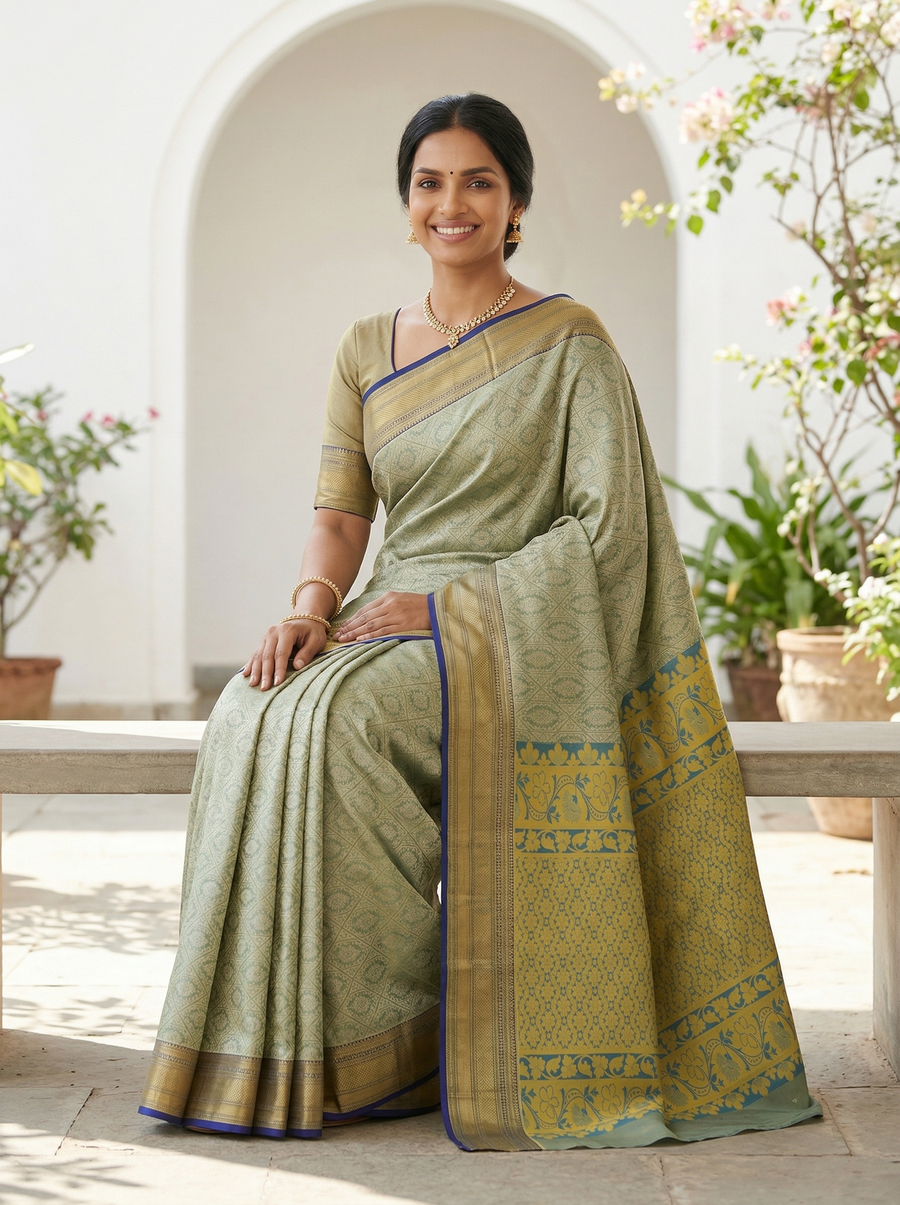 Sage Green Kanchipuram Inspired Semi Silk Saree with Wide Wide Contrast Border