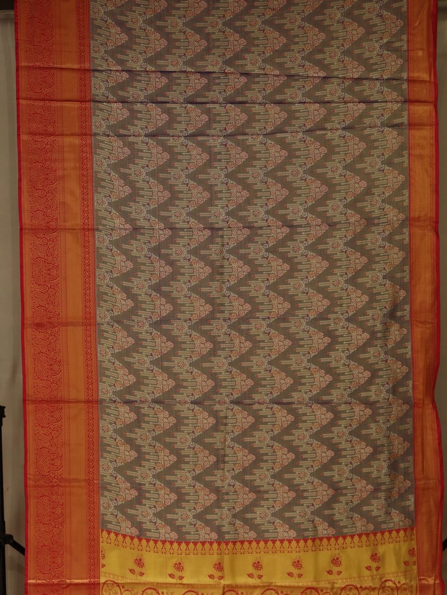 Olive Gray Dharmavaram Inspired Semi Silk Saree with Wide Wide Contrast Border