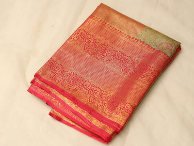 Golden Yellow Kanchipuram Inspired Semi Silk Saree with Wide Wide Contrast Border