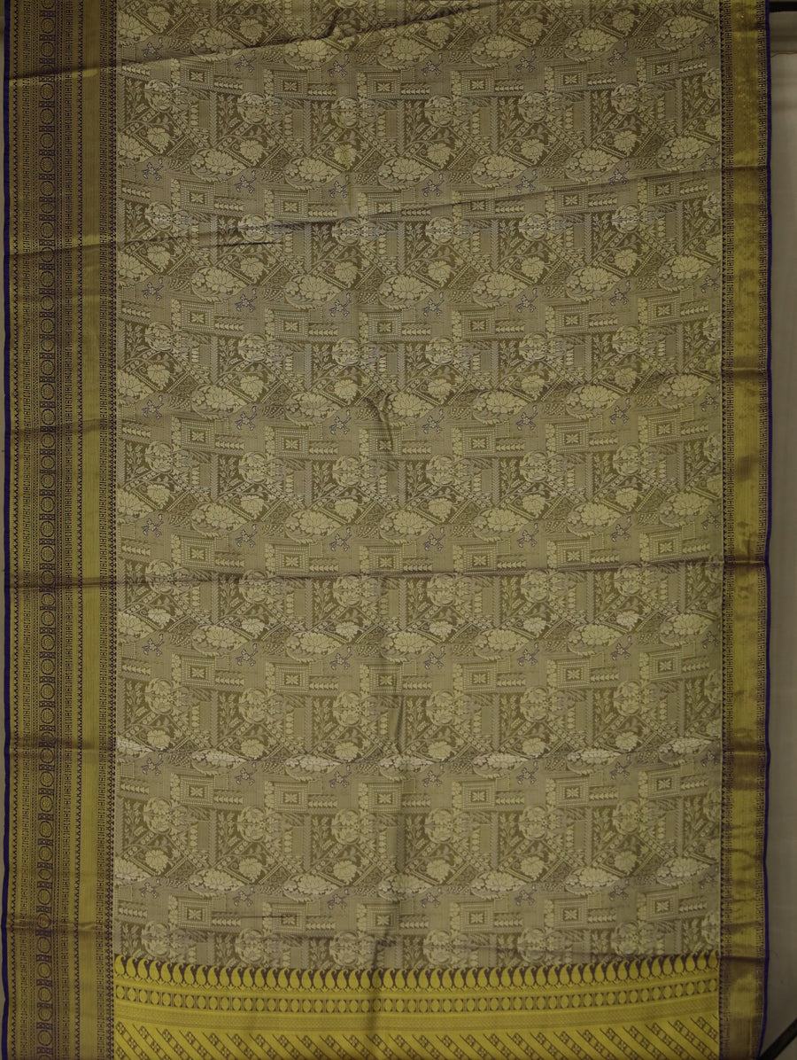 Chartreuse Gold Kanchipuram Inspired Semi Silk Saree with Medium Medium Contrast Border