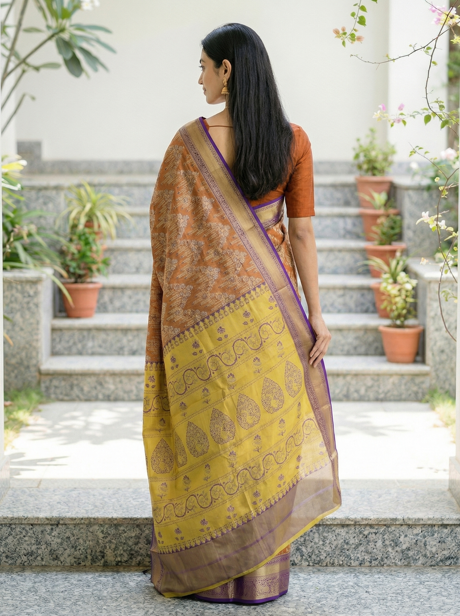Burnt Orange Gadwal Inspired Semi Silk Saree with Medium Medium Contrast Border