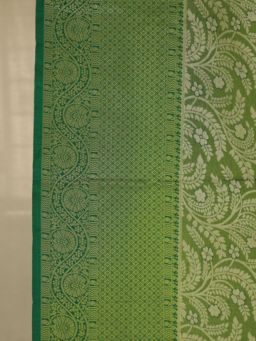 Olive Green Kanchipuram Inspired Semi Silk Saree with Wide Wide Self Border