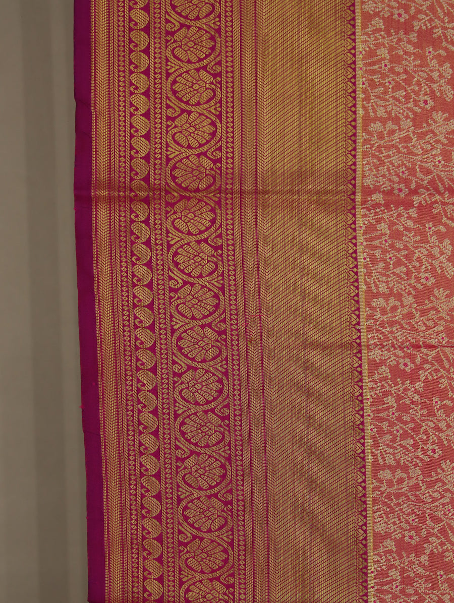 Coral Peach Kanchipuram Inspired Semi Silk Saree with Wide Wide Contrast Border