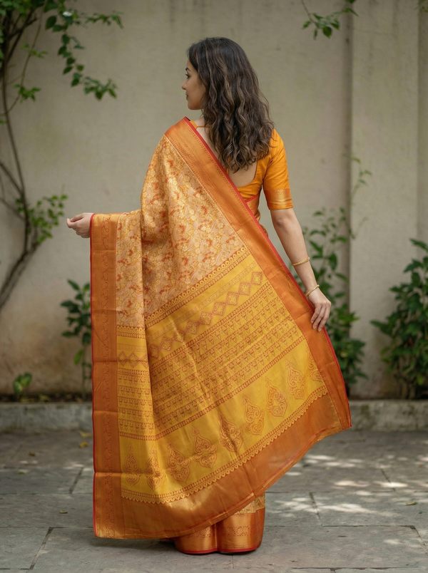Sunset Orange Dharmavaram Inspired Semi Silk Saree with Wide Wide Self Border