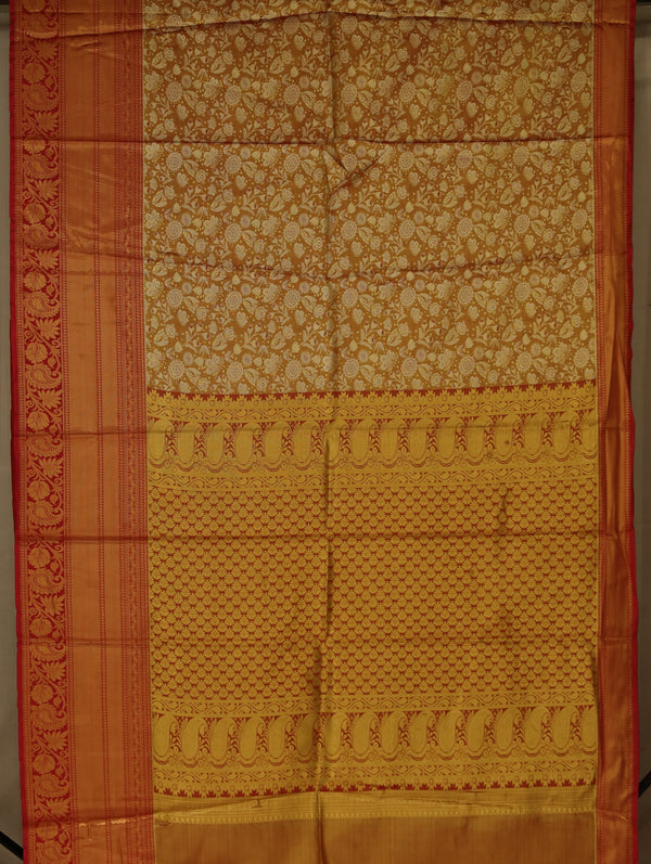 Golden Amber Kanchipuram Inspired Semi Silk Saree with Wide Medium Contrast Border