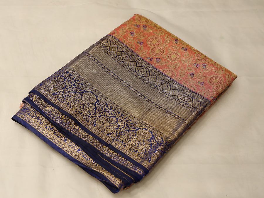 Burnt Orange Kanchipuram Inspired Semi Silk Saree with Medium Medium Contrast Border