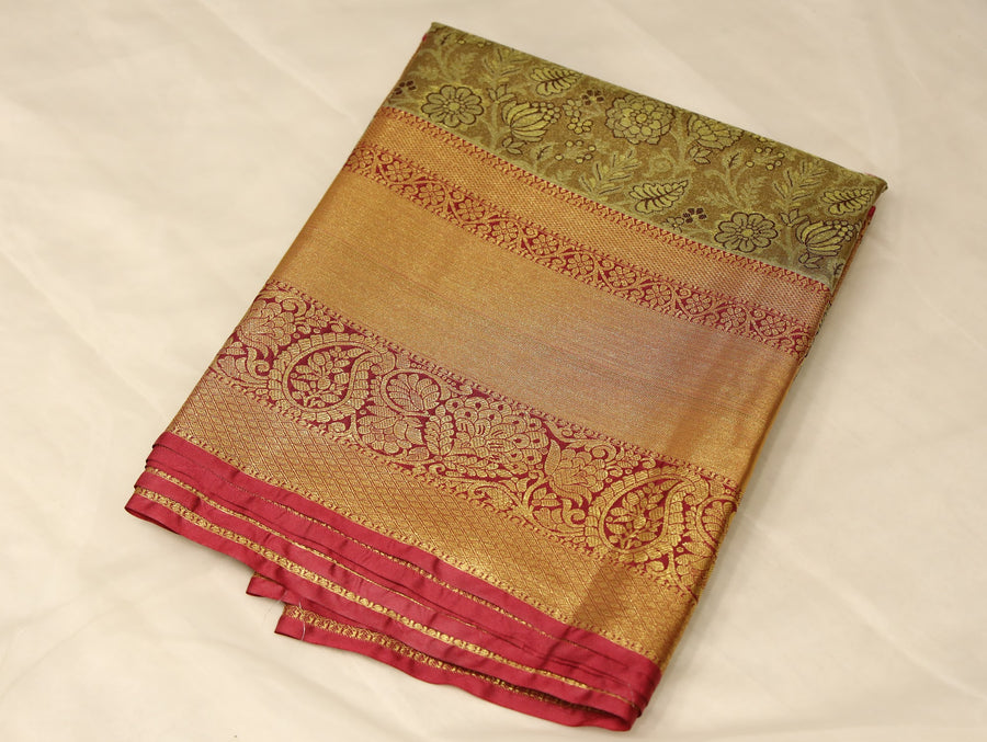 Olive Green Kanchipuram Inspired Semi Silk Saree with Medium Medium Contrast Border