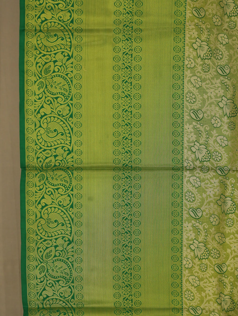 Chartreuse Green Mysore Inspired Semi Silk Saree with Wide Wide Self Border