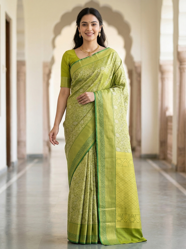 Olive Green Dharmavaram Inspired Semi Silk Saree with Medium Medium Self Border