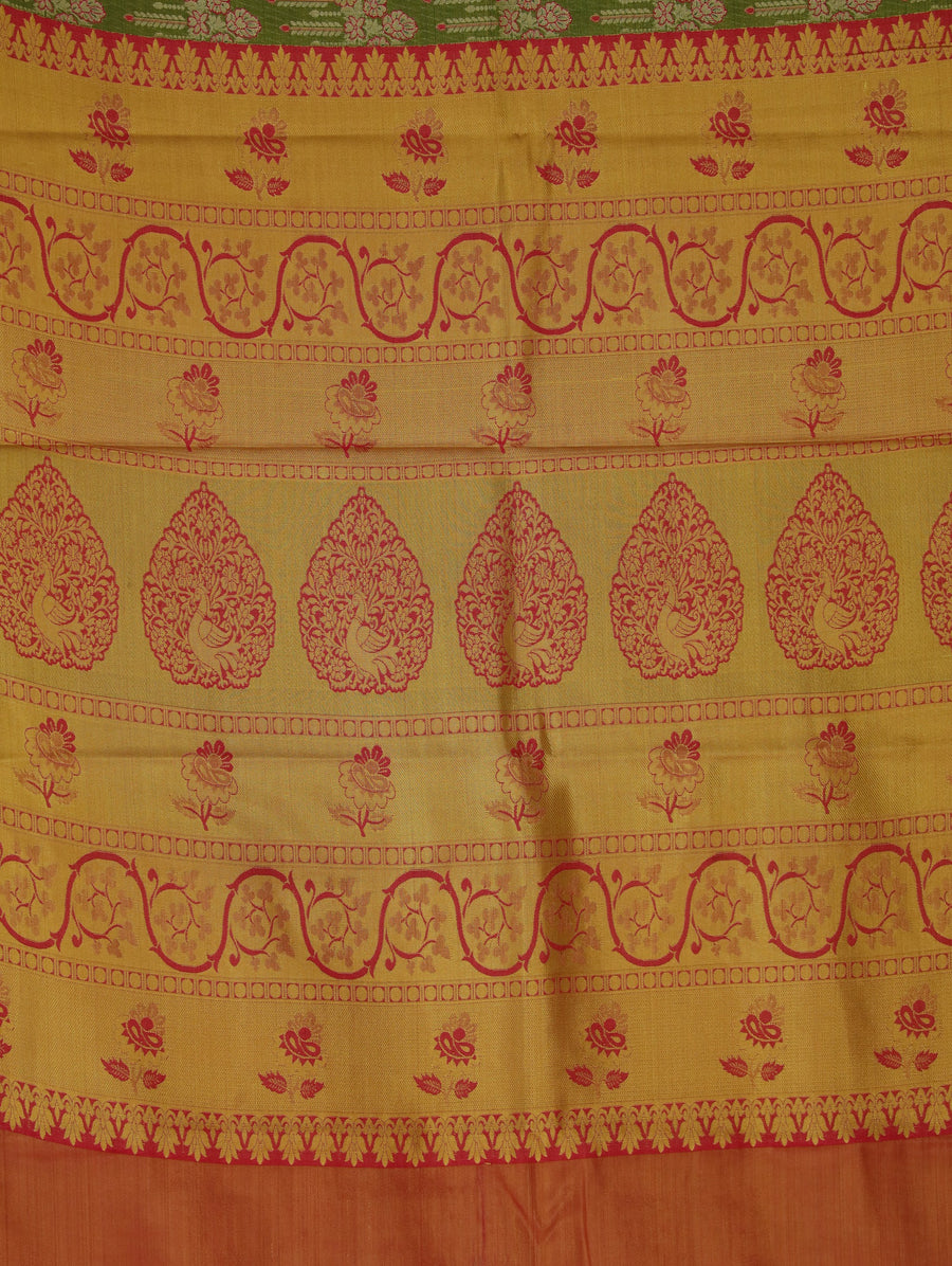 Leaf Green Kanchipuram Inspired Semi Silk Saree with Wide Wide Contrast Border