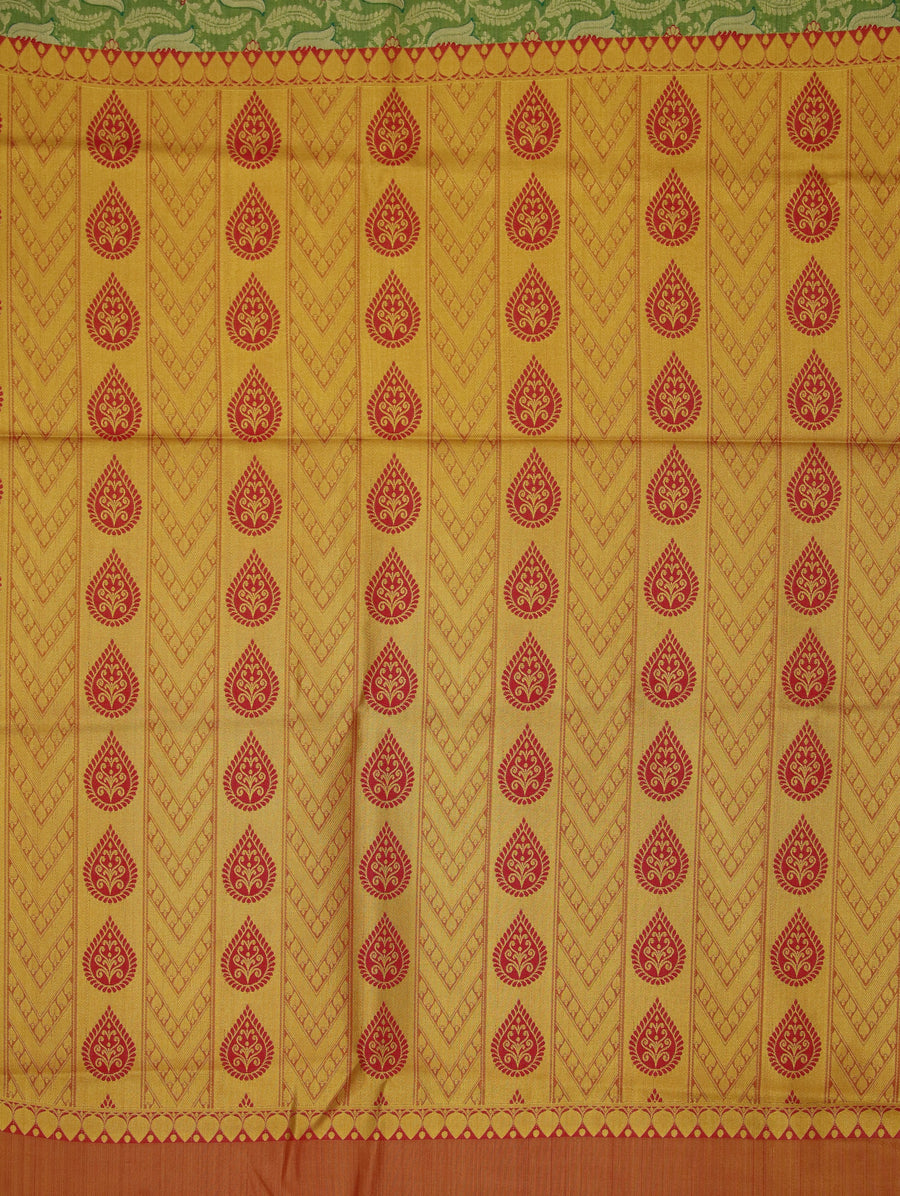 Sage Green Kanchipuram Inspired Semi Silk Saree with Wide Wide Contrast Border