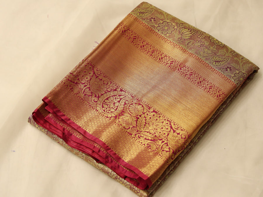 Champagne Gold Kanchipuram Inspired Semi Silk Saree with Wide Wide Contrast Border