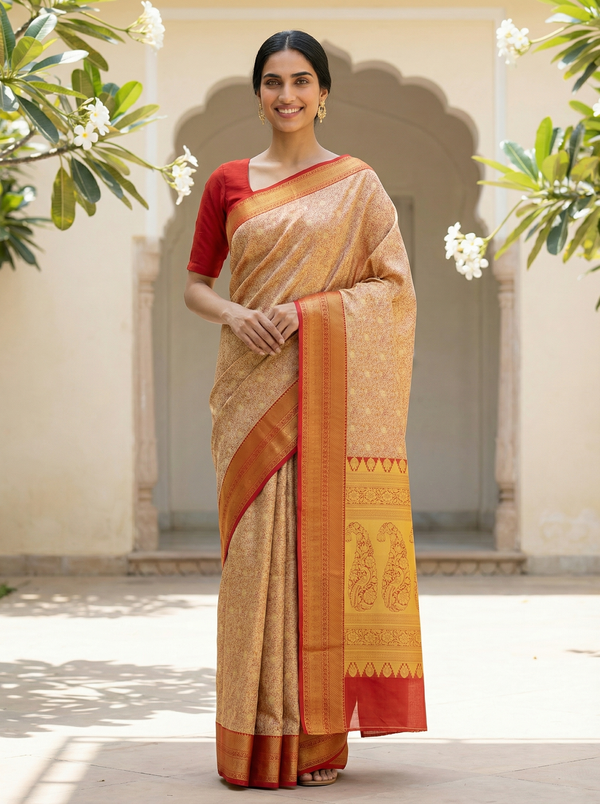 Champagne Gold Dharmavaram Inspired Semi Silk Saree with Medium Medium Contrast Border