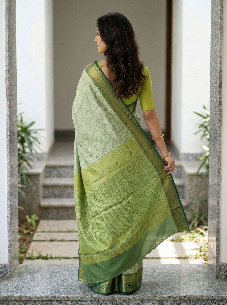 Olive Green Uppada Inspired Semi Silk Saree with Medium Medium Contrast Border