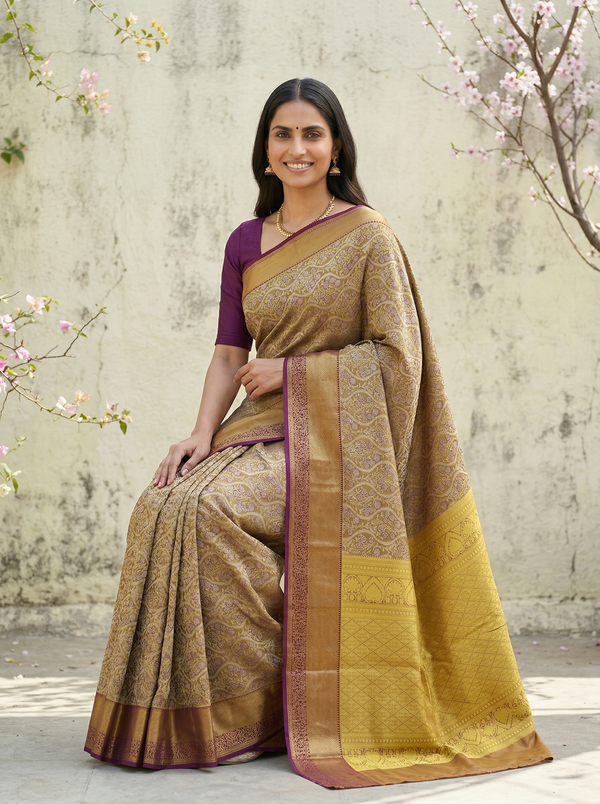 Champagne Gold Kanchipuram Inspired Semi Silk Saree with Wide Wide Contrast Border
