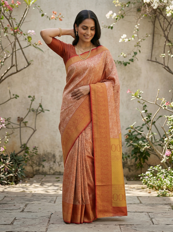 Burnt Orange Dharmavaram Inspired Semi Silk Saree with Narrow Narrow Contrast Border