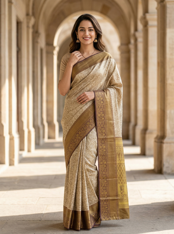 Champagne Gold Kanchipuram Inspired Semi Silk Saree with Wide Wide Contrast Border