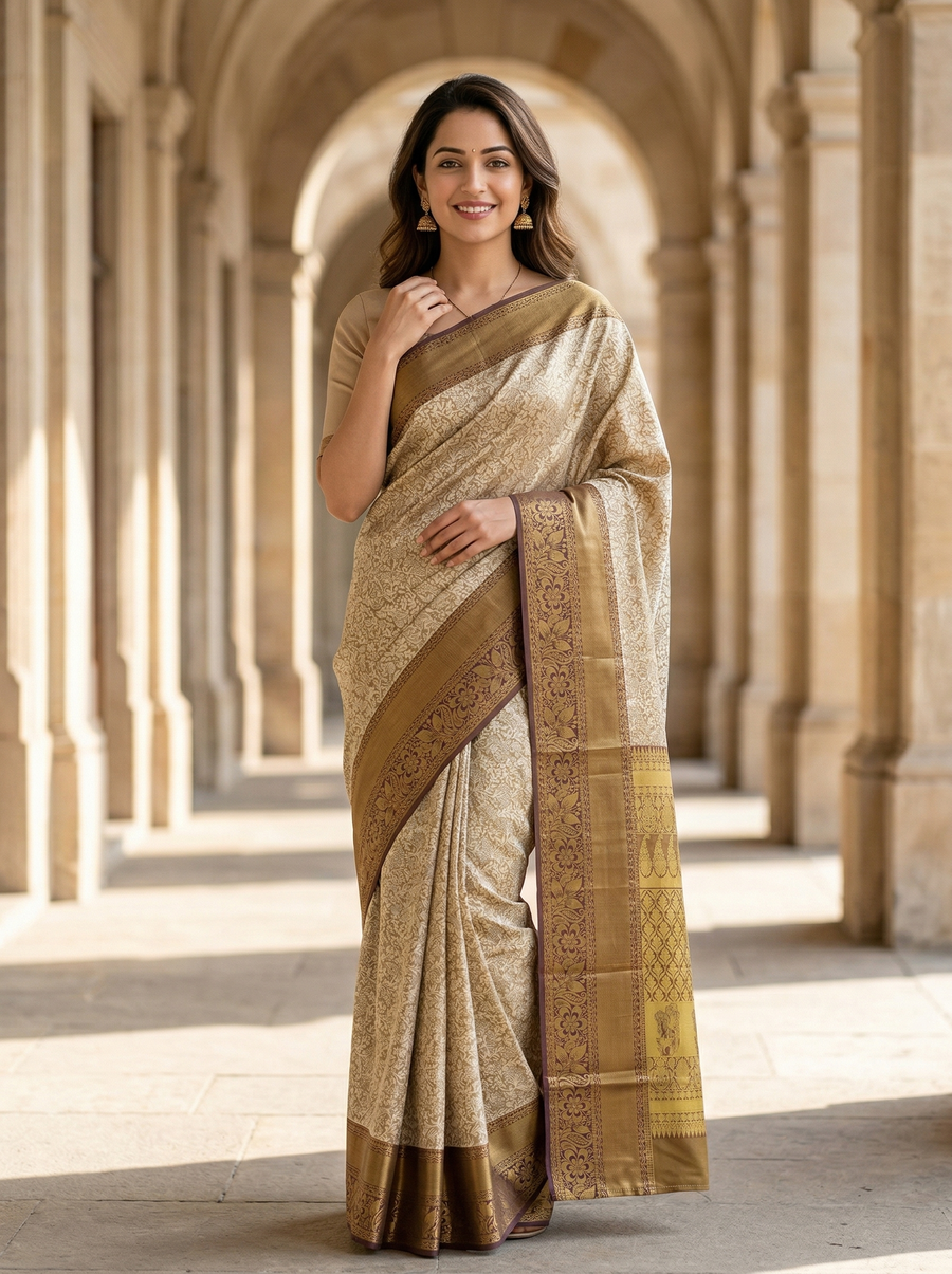 Champagne Gold Kanchipuram Inspired Semi Silk Saree with Wide Wide Contrast Border