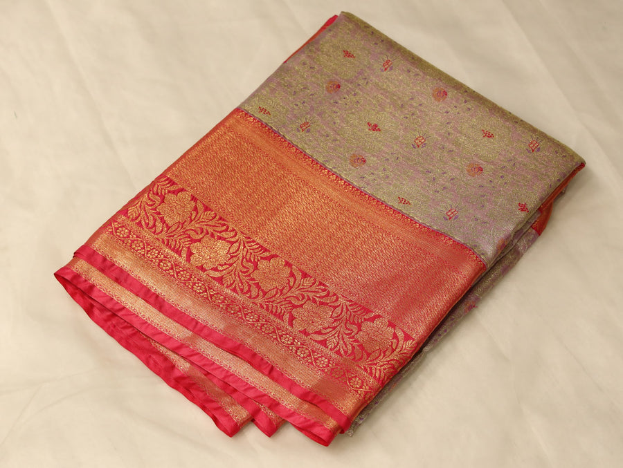 Champagne Gold Kanchipuram Inspired Semi Silk Saree with Wide Wide Contrast Border