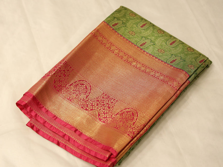 Lime Green Kanchipuram Inspired Semi Silk Saree with Medium Medium Contrast Border