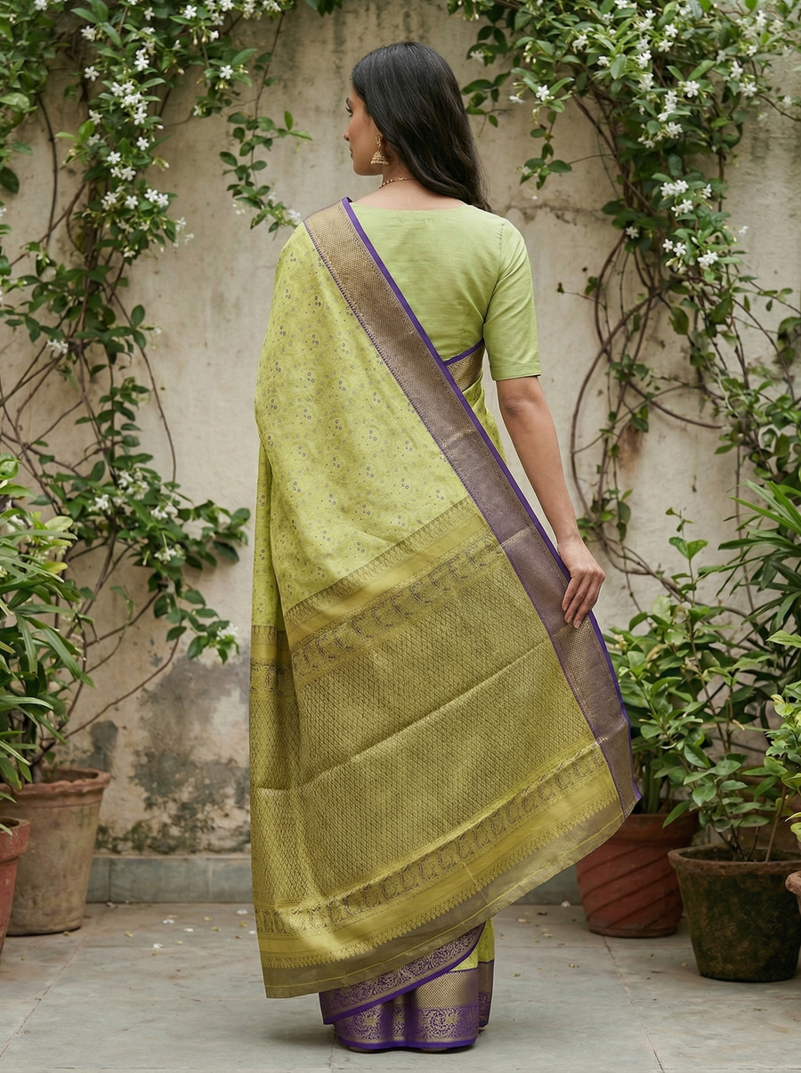Lime Green Kanchipuram Inspired Semi Silk Saree with Wide Wide Contrast Border