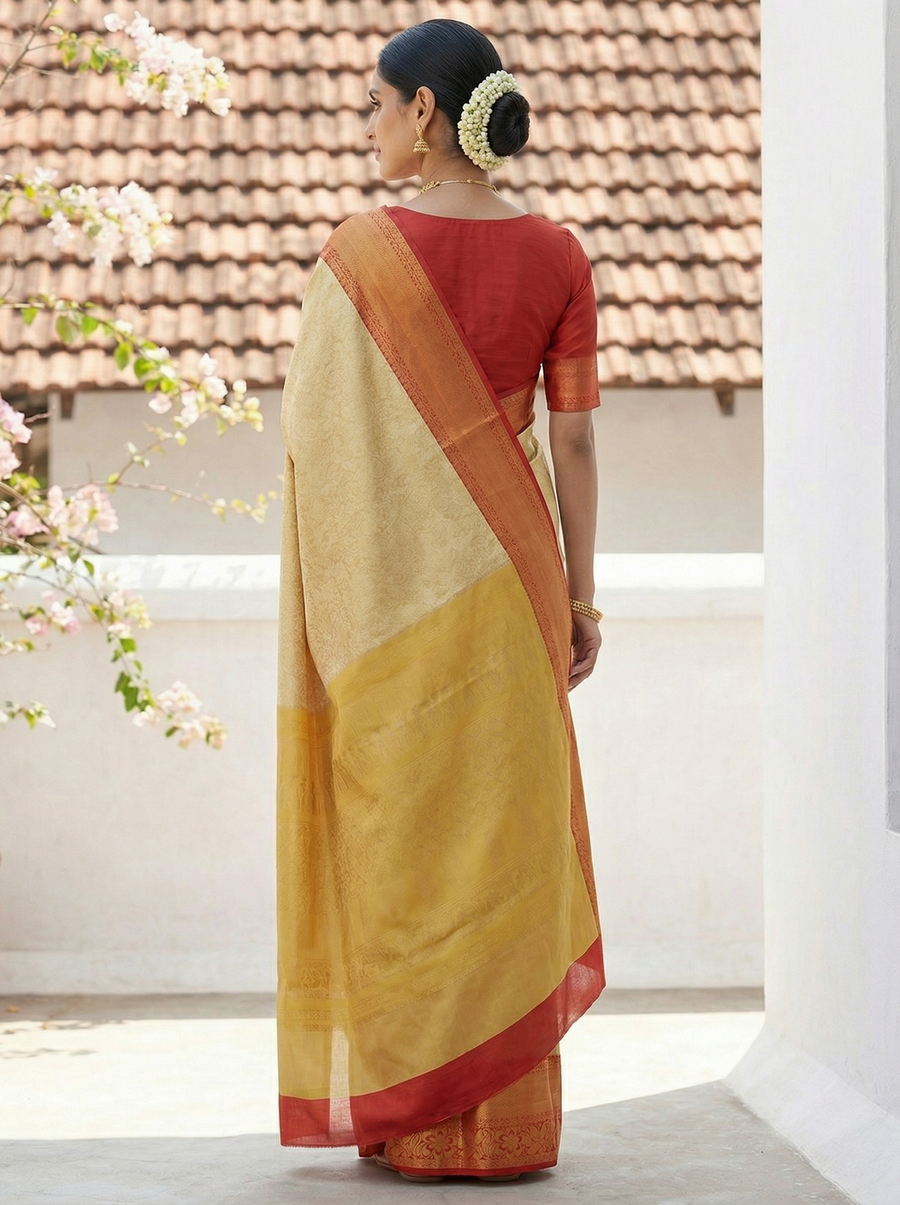 Champagne Gold Kanchipuram Inspired Semi Silk Saree with Medium Medium Contrast Border