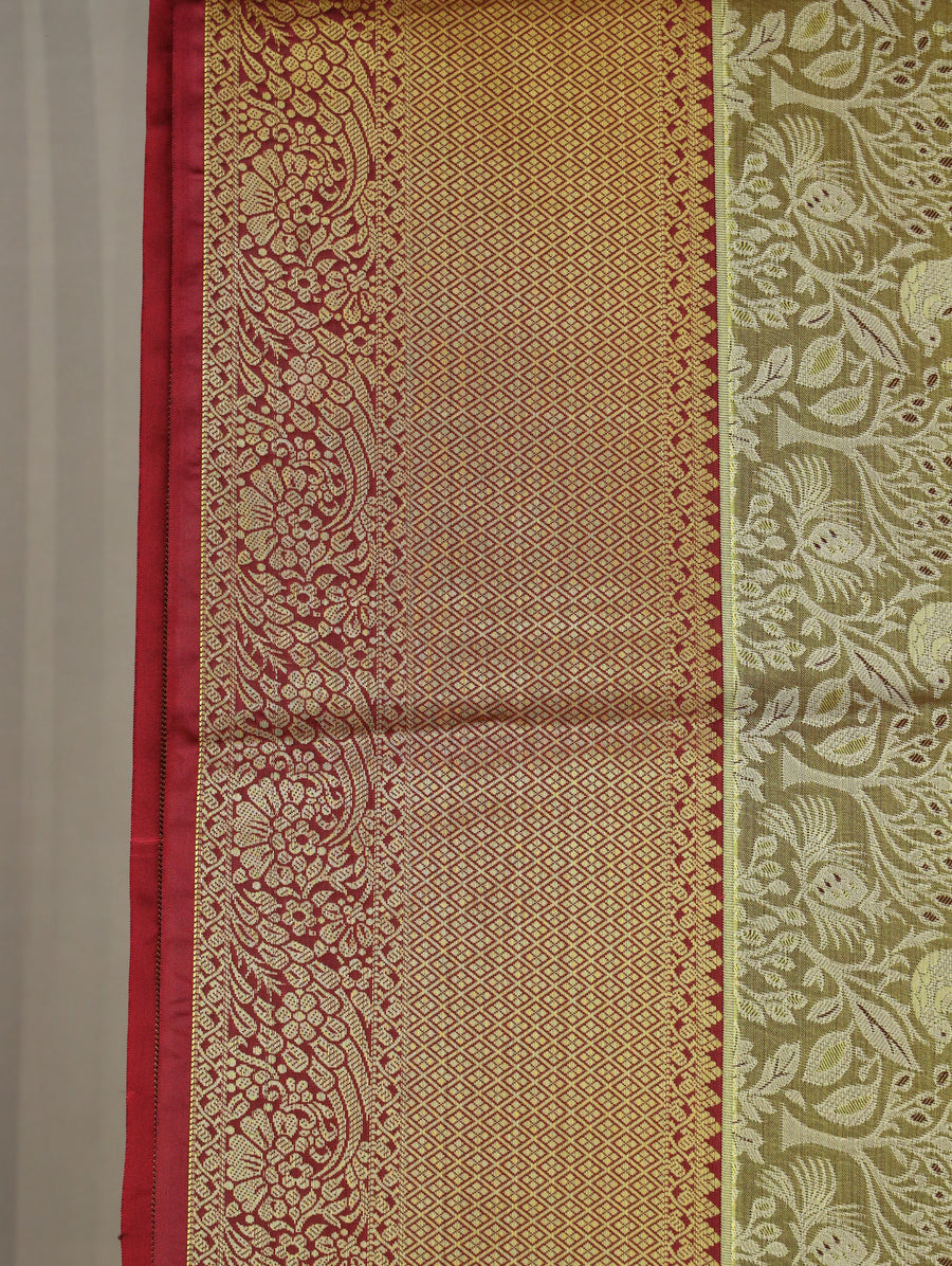 Antique Gold Kanchipuram Inspired Semi Silk Saree with Wide Wide Contrast Border