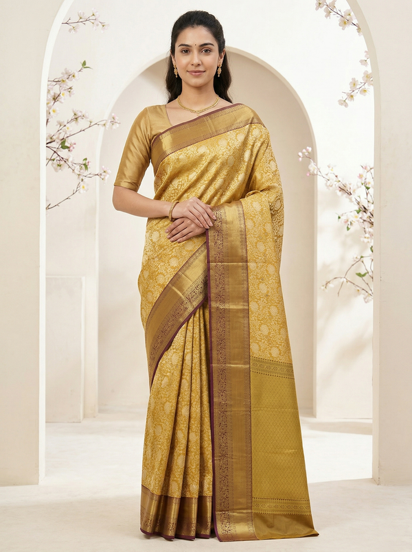 Champagne Gold Kanchipuram Inspired Semi Silk Saree with Wide Wide Contrast Border