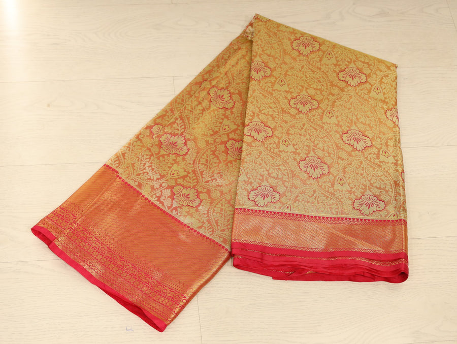 Sunset Gold Kanchipuram Inspired Semi Silk Saree with Narrow Narrow Contrast Border