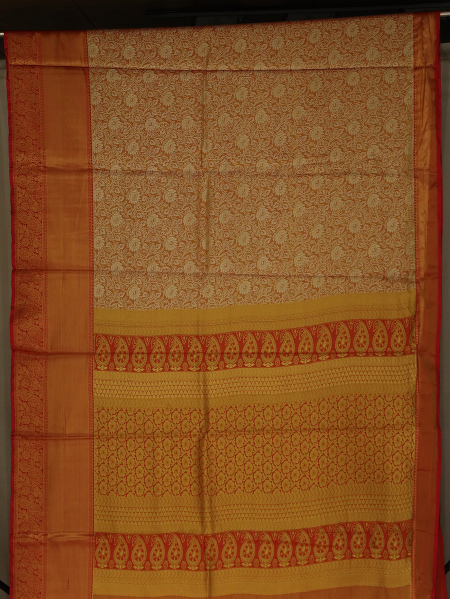 Champagne Gold Kanchipuram Inspired Semi Silk Saree with Wide Wide Contrast Border
